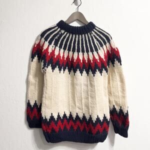 Vintage Sweater Knit Fair Isle Nordic Wool Ivory Blue Red - Medium